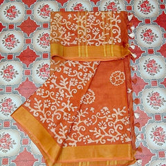 Linen Cotton Blend Handloom Batik Print Saree (GLBR_Gold-Dusty_Orange) - View 6