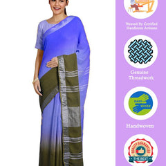 Neon Blue & Brownish Green women's Bhagalpuri Handloom Linen Cotton Blend Two Dye Saree With Running Unstitched Blouse Piece - View 2