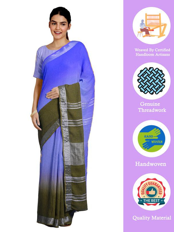 Neon Blue & Brownish Green women's Bhagalpuri Handloom Linen Cotton Blend Two Dye Saree With Running Unstitched Blouse Piece - View 2
