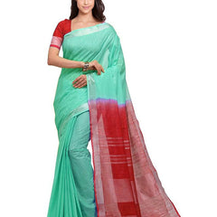 Aquamarine Turquoise & Red women's Bhagalpuri Handloom Linen Slub Blend Two Dye Saree With Running Unstitched Blouse Piece - View 8