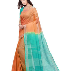 Pumpkin Orange & Turquoise women's Bhagalpuri Handloom Linen Cotton Blend Two Dye Saree With Running Unstitched Blouse Piece - View 2