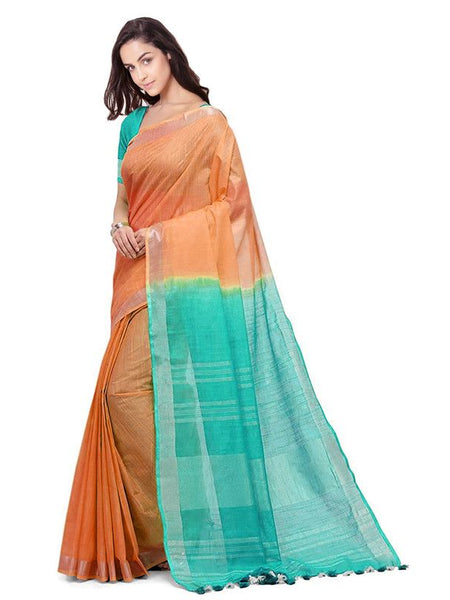 Pumpkin Orange & Turquoise women's Bhagalpuri Handloom Linen Cotton Blend Two Dye Saree With Running Unstitched Blouse Piece - View 2