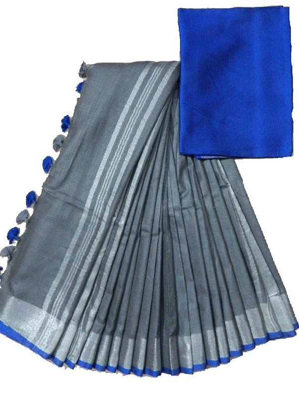 Grey-Blue women's Handloom Bhagalpuri Linen Cotton Blend Saree Ethnic Wear With Contrast Unstitched Blouse Piece - View 2
