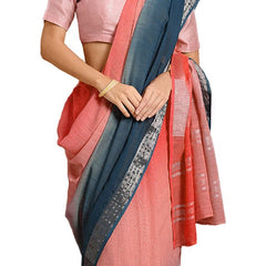 Flame Orange & Cerulean Blue women's Bhagalpuri Handloom Linen Slub Blend Two Dye Saree With Running Unstitched Blouse Piece - View 6