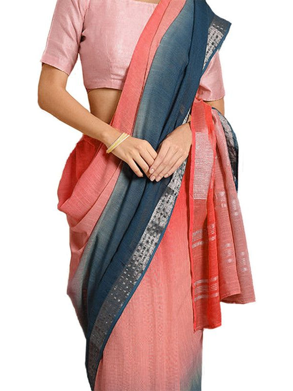 Flame Orange & Cerulean Blue women's Bhagalpuri Handloom Linen Slub Blend Two Dye Saree With Running Unstitched Blouse Piece - View 6