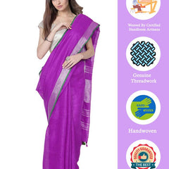 Electric Purple women's Bhagalpuri Handloom Cotton Linen Blend Saree With Contrast Unstiched Blouse Piece - View 2