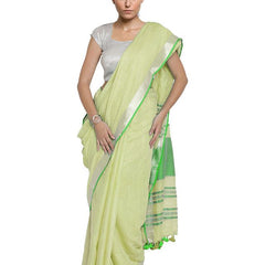 Mindaro Green-Green women's Bhagalpuri Handloom Cotton Linen Blend Contrast Pallu Saree And Unstitched Contrast Blouse Piece