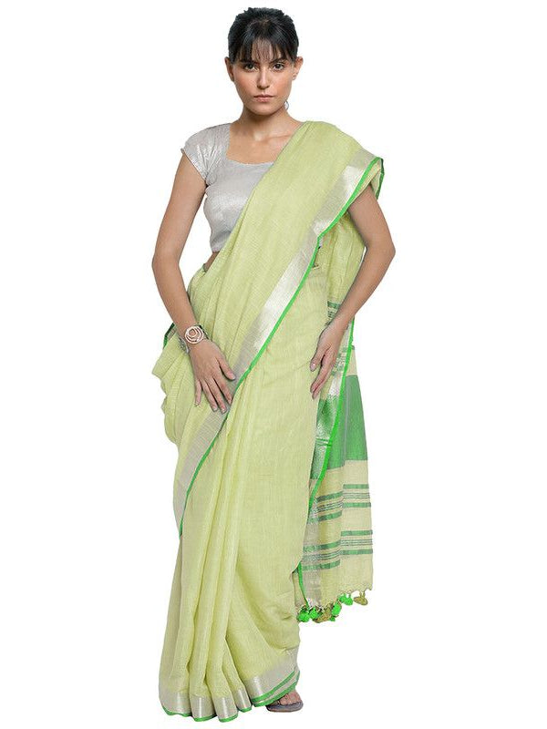 Mindaro Green-Green women's Bhagalpuri Handloom Cotton Linen Blend Contrast Pallu Saree And Unstitched Contrast Blouse Piece