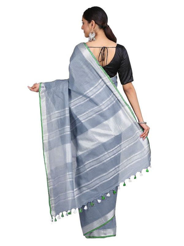 Handloom Bhagalpuri Linen-Cotton Saree With Contrast Blouse Piece - View 3