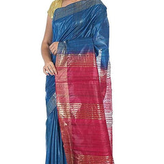 Bhagalpuri Tussar Ghicha Silk Pure Two Dye Saree with Blouse Piece (Deny_Blue & Fuzy_Pink) - View 2