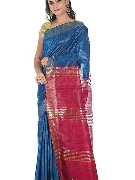 Bhagalpuri Tussar Ghicha Silk Pure Two Dye Saree with Blouse Piece (Deny_Blue & Fuzy_Pink) - View 2