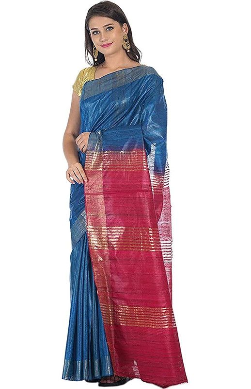 Bhagalpuri Tussar Ghicha Silk Pure Two Dye Saree with Blouse Piece (Deny_Blue & Fuzy_Pink) - View 2