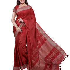 Grey & Red women's Bhagalpuri Handloom Cotton-Linen Blend Saree With Running Unstiched Blouse Piece