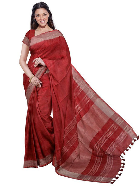 Grey & Red women's Bhagalpuri Handloom Cotton-Linen Blend Saree With Running Unstiched Blouse Piece