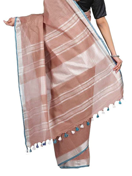 Sugar Brown1 women's Bhagalpuri Handloom Linen-Slub Saree With Contrast Blouse Piece (Sugar_Brown-Cyan) - View 2