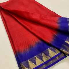 Two Dye Organza Net Temple Border Bhagalpuri Saree (Red & Duke_Blue) - View 2