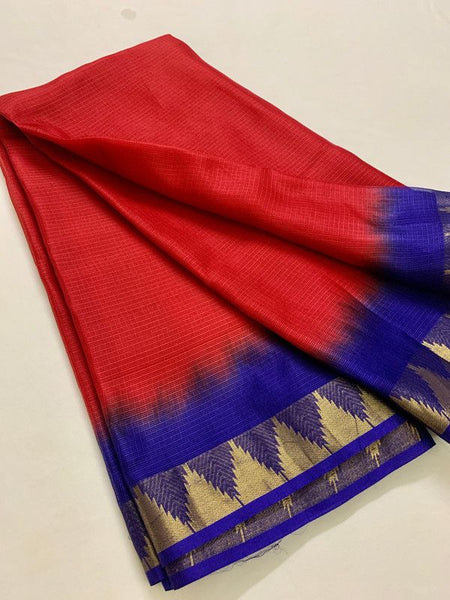 Two Dye Organza Net Temple Border Bhagalpuri Saree (Red & Duke_Blue) - View 2
