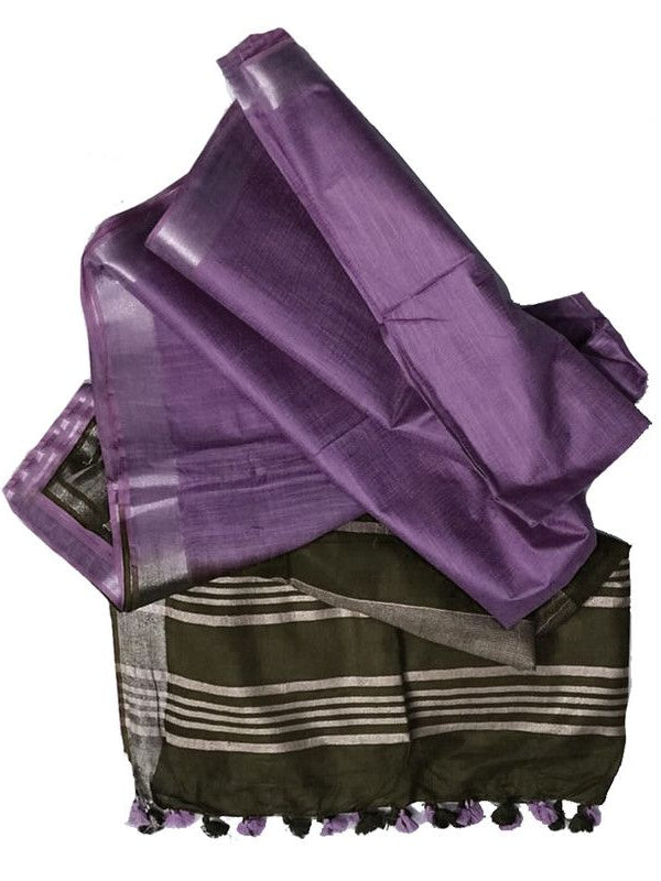 Dark Moss Green & Ultra Violet women's Bhagalpuri Ethnic Wear Handloom Cotton Linen Slub Blend Zari Border Two Dye Saree With Running Unstitched Blouse Piece - View 6