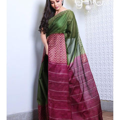 Semi Tussar Silk Handloom Two Dye Bhagalpuri Saree (Chalaat_Green & Claret_Magenta) - View 2