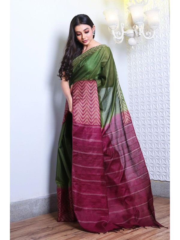 Semi Tussar Silk Handloom Two Dye Bhagalpuri Saree (Chalaat_Green & Claret_Magenta) - View 2