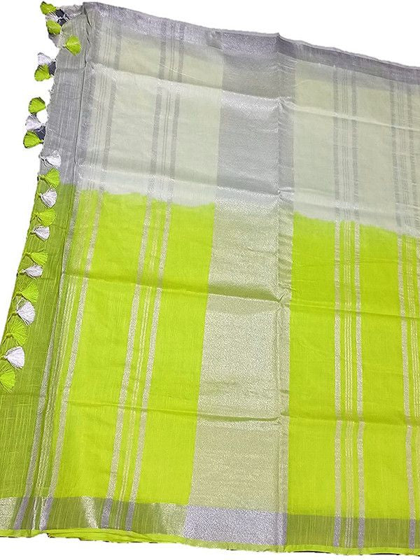 Lime Green women's Bhagalpuri Linen-Slub Blend Two Dye Saree With Blouse Piece - View 3