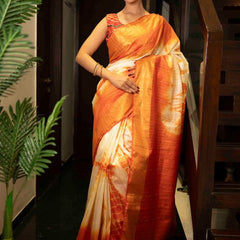 Sibory Handloom Bhagalpuri Silk Bandhani Dye Sequins Striped Saree (Yellowish_Orange) - View 3