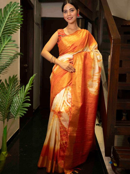 Sibory Handloom Bhagalpuri Silk Bandhani Dye Sequins Striped Saree (Yellowish_Orange) - View 3