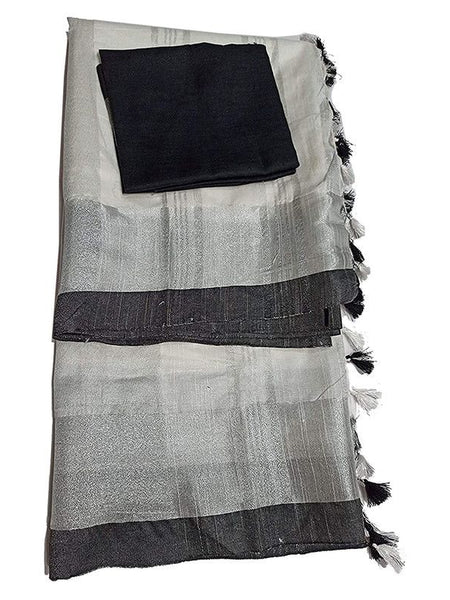 White Bhagalpuri Handloom women's Linen Slub Blend Saree With Black Pipin Contrast Blouse Piece - View 3