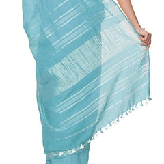 Maya Blue women's Handloom Bhagalpuri Cotton Linen Slub Blend Zari Border Saree Ethnic Wear With Running Unstitched Blouse Piece - View 3