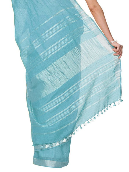 Maya Blue women's Handloom Bhagalpuri Cotton Linen Slub Blend Zari Border Saree Ethnic Wear With Running Unstitched Blouse Piece - View 3