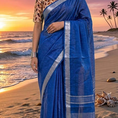 Handwoven Linen Blend Saree With Running Blouse Piece(Royal Blue) - View 3