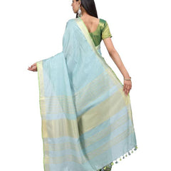 Linen Cotton Blend Contrast Handloom Bhagalpuri Saree (Gold-Mint_Cyan-Parrot_Green) - View 3