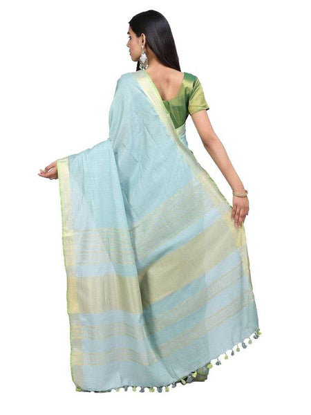 Linen Cotton Blend Contrast Handloom Bhagalpuri Saree (Gold-Mint_Cyan-Parrot_Green) - View 3