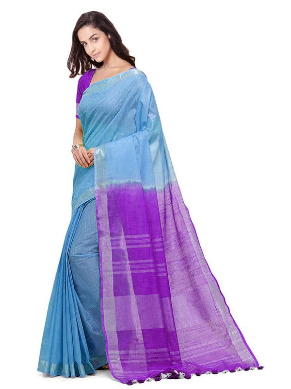 Pacific Cyan & French Violet women's Bhagalpuri Handloom Ethnic Wear Linen Two Dye Saree With Running Unstitched Blouse Piece - View 3