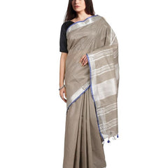 Bhagalpuri Handloom Linen-Slub Saree With Contrast Blouse Piece
