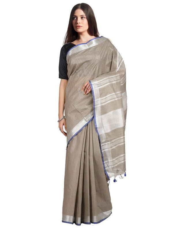 Bhagalpuri Handloom Linen-Slub Saree With Contrast Blouse Piece