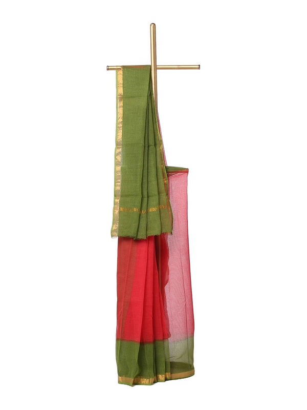 Organza Net Handloom Art Silk Bhagalpuri Two Dye Saree (Green-Red)