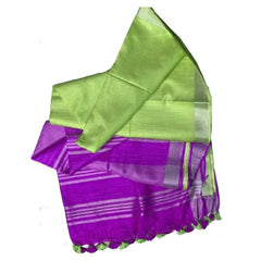 Purple & Light Green women's Ethnic Wear Bhagalpuri Handloom Linen Blend Two Dye Saree With Running Unstitched Blouse Piece