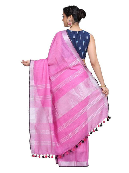 Linen Cotton Blend Contrast Handloom Bhagalpuri Saree (Persian_Pink-Black) - View 3