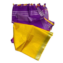 French Violet & Yellow women's Ethnic Wear Bhagalpuri Handloom Linen Blend Two Dye Saree With Running Unstitched Blouse Piece - View 5