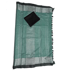 Sea Green Bhagalpuri Handloom women's Linen Slub Blend Saree With Black Pipin Contrast Blouse Piece - View 2