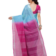 Argentinian Blue & Raspberry Pink women's Handloom Bhagalpuri Linen Blend Two Dye Saree With Running Unstitched Blouse Piece - View 4