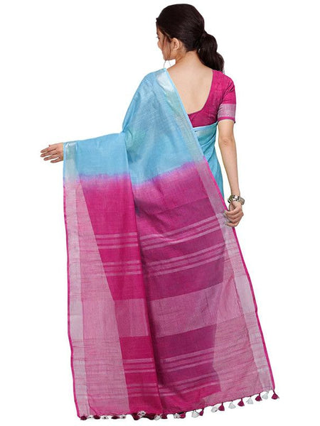 Argentinian Blue & Raspberry Pink women's Handloom Bhagalpuri Linen Blend Two Dye Saree With Running Unstitched Blouse Piece - View 4