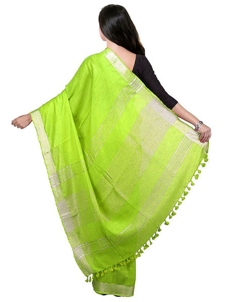 Parrot Green Bhagalpuri women's Handloom Linen Cotton Ethnic Wear Saree With Running Unstitched Blouse Piece - View 5