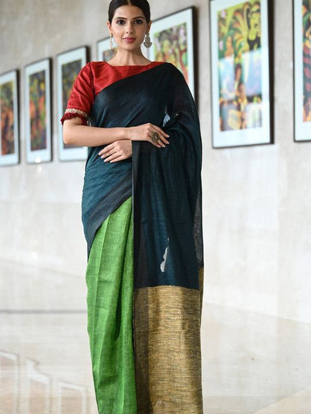 Handloom Bhagalpuri Linen Two Dye Saree with Ghicha Pallu for women's (Midnight_Blue & Green)