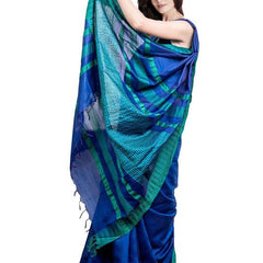 Klein Blue women's Bhagalpuri Handloom Kota Silk Temple Border Saree And Variation Of Colors With Striped Blouse Piece - View 6