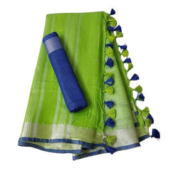 Handloom Bhagalpuri Linen Cotton Blend Contrast Border Saree for Women (12629 Green-Blue) - View 2