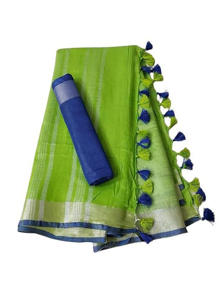 Handloom Bhagalpuri Linen Cotton Blend Contrast Border Saree for Women (12629 Green-Blue) - View 2