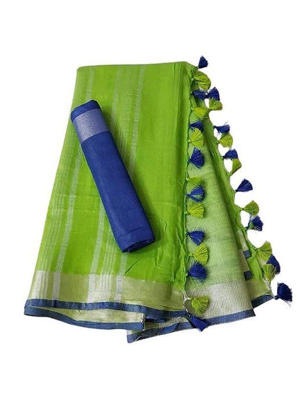 Handloom Bhagalpuri Linen Cotton Blend Contrast Border Saree for Women (12629 Green-Blue) - View 2