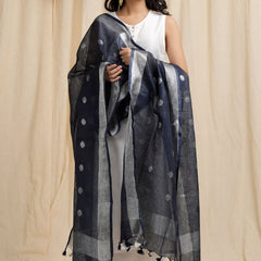 Linen Handloom Bhagalpuri Circle Weaving Motif Black Dupatta - View 2